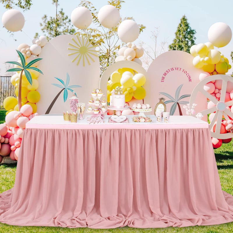 QueenDream 14FT Dusty Rose Chiffon Table Skirt Sheer Rectangle Tablecloth for Wedding 1st Baby Girl Birthday Party Bridal Shower Decoration - Image 5